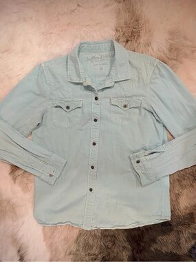 Bullhead Black Light Teal Blue Denim Shirt Chest Pockets Medium 100% cotton